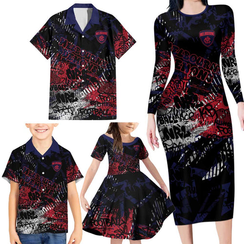 Melbourne Demons Family Matching Long Sleeve Bodycon Dress and Hawaiian Shirt Urban Graffiti Street Art - Bold Abstract Spray Paint