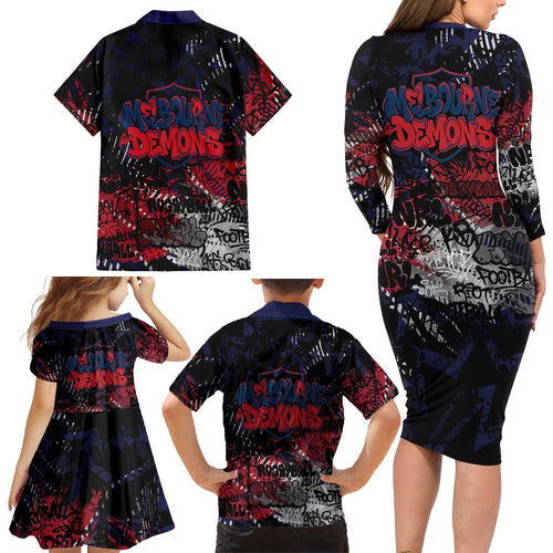 Melbourne Demons Family Matching Long Sleeve Bodycon Dress and Hawaiian Shirt Urban Graffiti Street Art - Bold Abstract Spray Paint