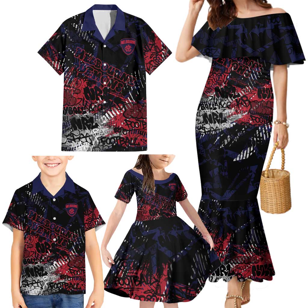Melbourne Demons Family Matching Mermaid Dress and Hawaiian Shirt Urban Graffiti Street Art - Bold Abstract Spray Paint