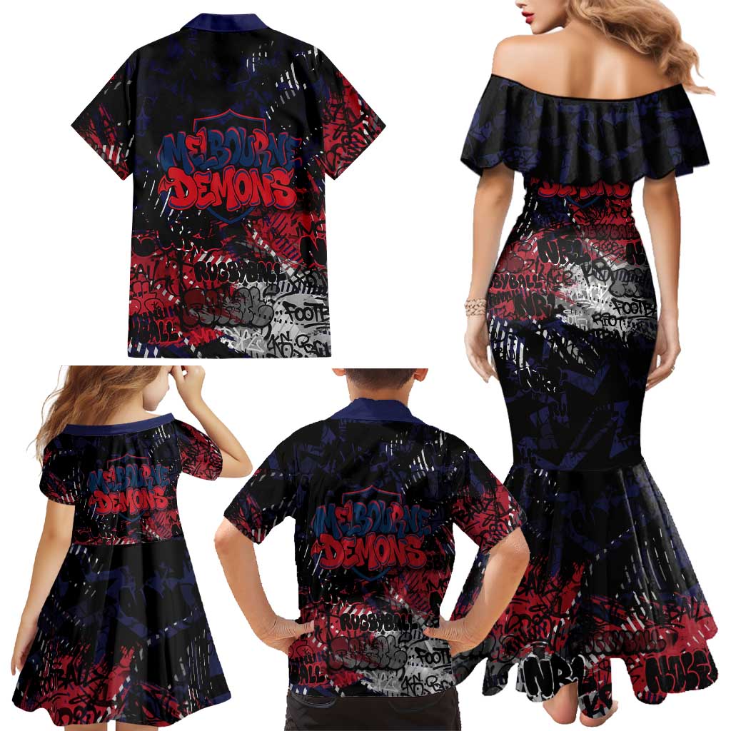 Melbourne Demons Family Matching Mermaid Dress and Hawaiian Shirt Urban Graffiti Street Art - Bold Abstract Spray Paint