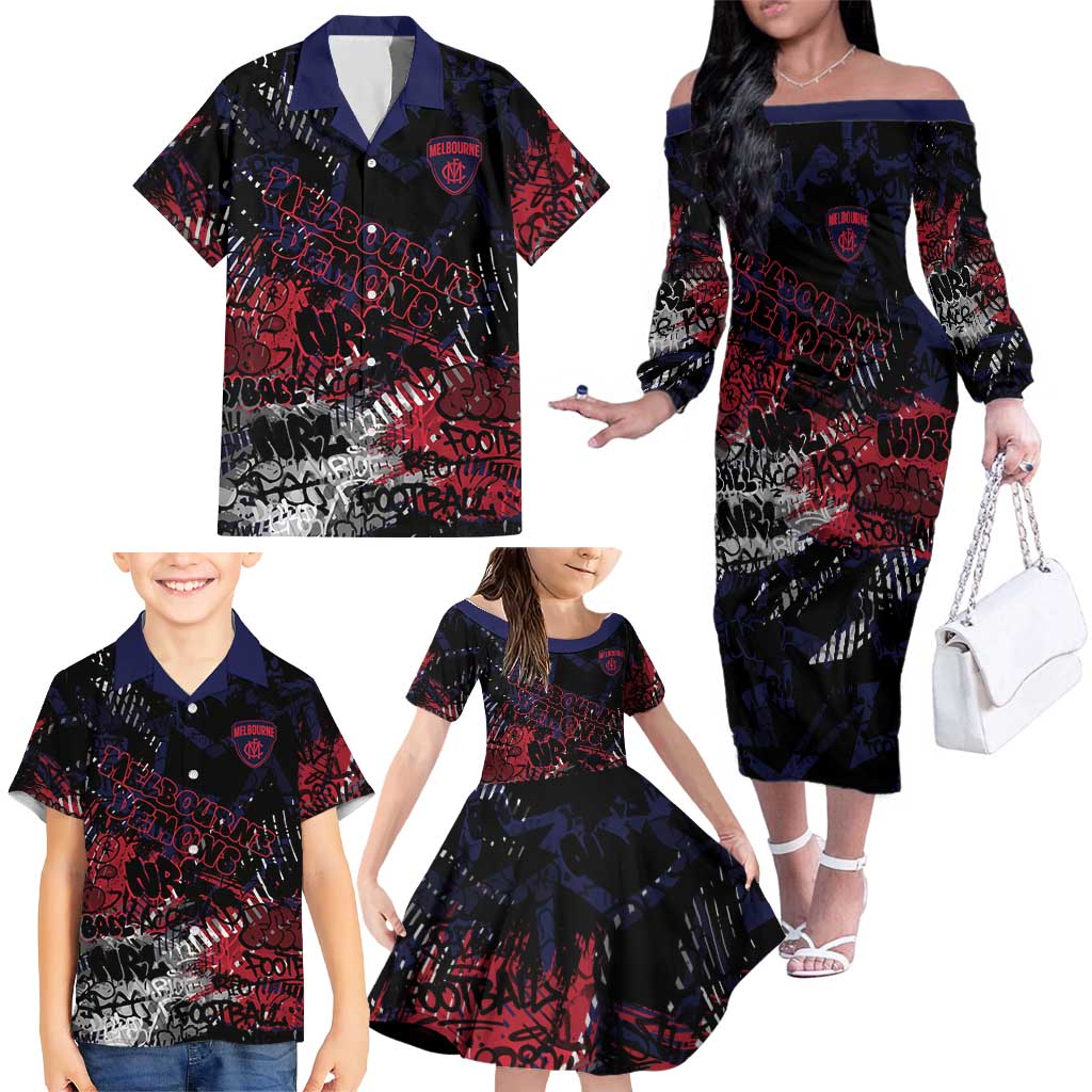 Melbourne Demons Family Matching Off The Shoulder Long Sleeve Dress and Hawaiian Shirt Urban Graffiti Street Art - Bold Abstract Spray Paint