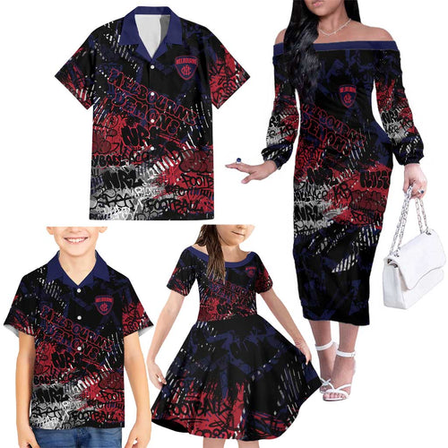 Melbourne Demons Family Matching Off The Shoulder Long Sleeve Dress and Hawaiian Shirt Urban Graffiti Street Art - Bold Abstract Spray Paint
