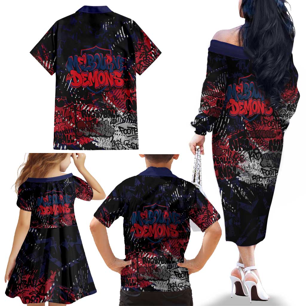 Melbourne Demons Family Matching Off The Shoulder Long Sleeve Dress and Hawaiian Shirt Urban Graffiti Street Art - Bold Abstract Spray Paint