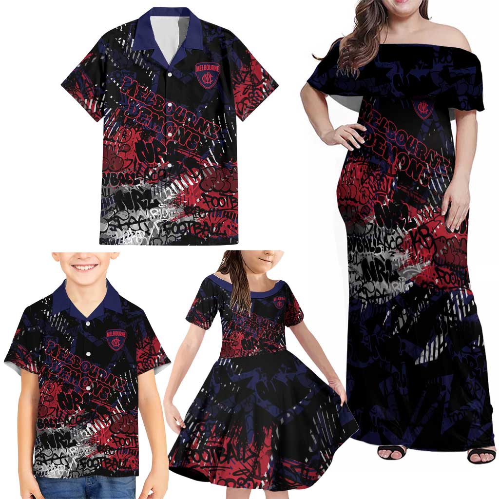 Melbourne Demons Family Matching Off Shoulder Maxi Dress and Hawaiian Shirt Urban Graffiti Street Art - Bold Abstract Spray Paint