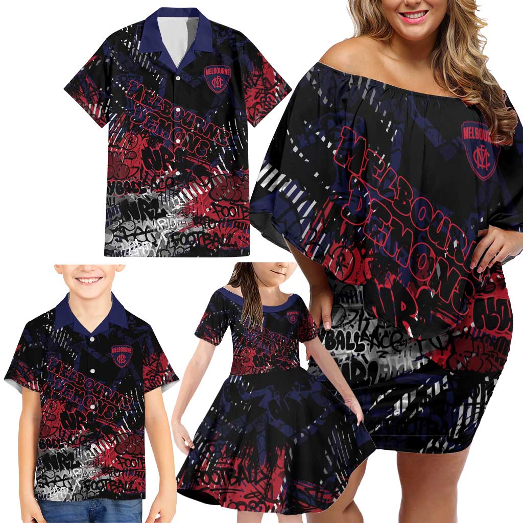 Melbourne Demons Family Matching Off Shoulder Short Dress and Hawaiian Shirt Urban Graffiti Street Art - Bold Abstract Spray Paint