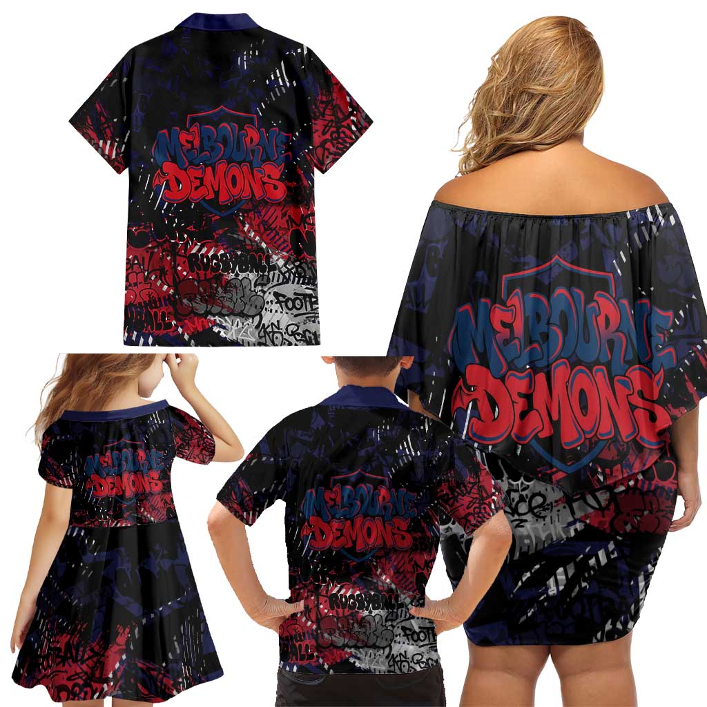 Melbourne Demons Family Matching Off Shoulder Short Dress and Hawaiian Shirt Urban Graffiti Street Art - Bold Abstract Spray Paint