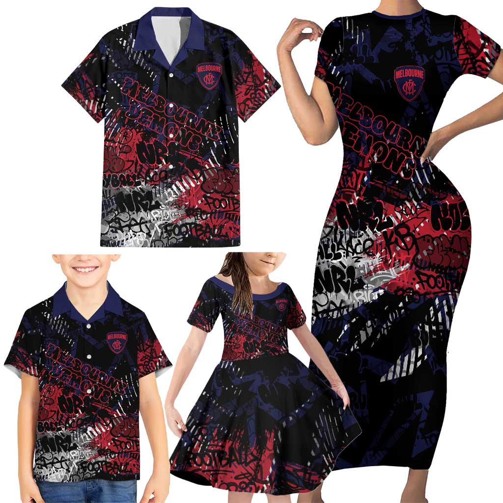 Melbourne Demons Family Matching Short Sleeve Bodycon Dress and Hawaiian Shirt Urban Graffiti Street Art - Bold Abstract Spray Paint