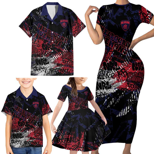 Melbourne Demons Family Matching Short Sleeve Bodycon Dress and Hawaiian Shirt Urban Graffiti Street Art - Bold Abstract Spray Paint