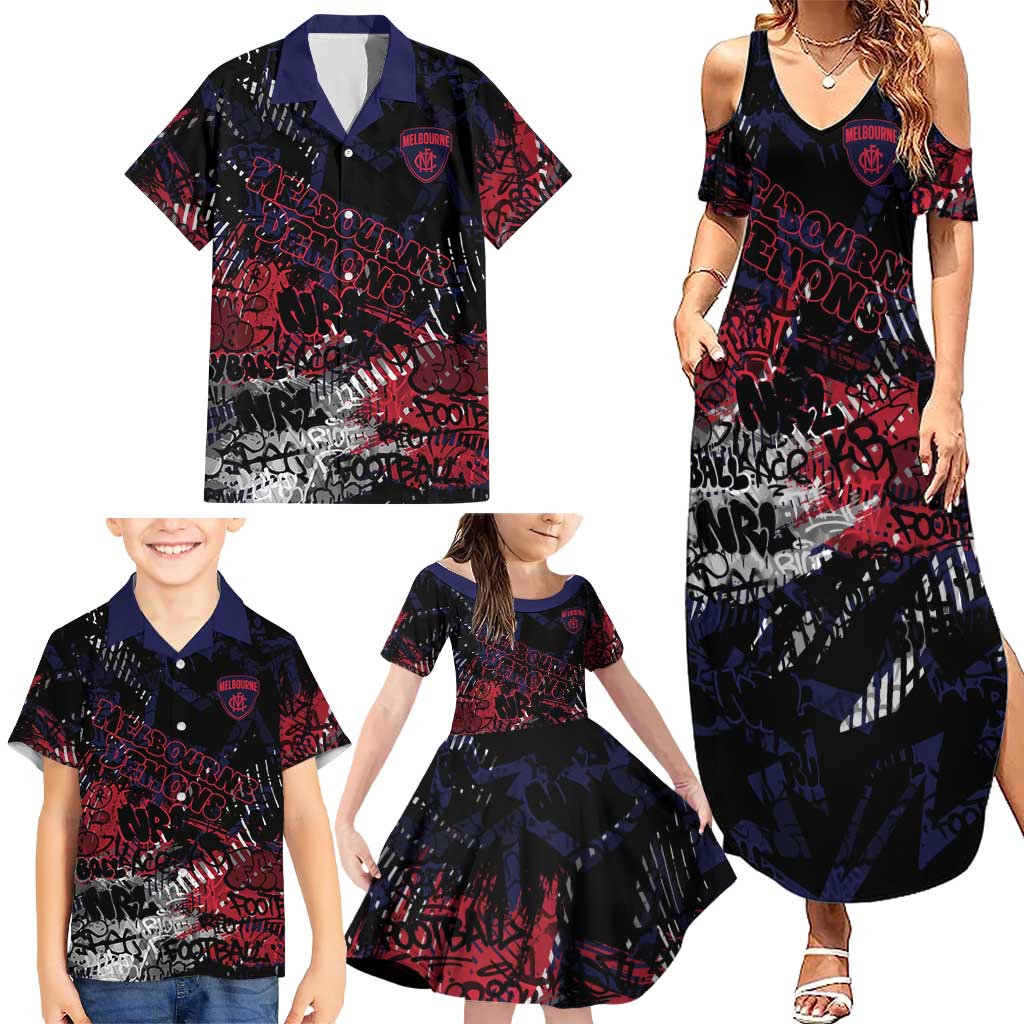 Melbourne Demons Family Matching Summer Maxi Dress and Hawaiian Shirt Urban Graffiti Street Art - Bold Abstract Spray Paint