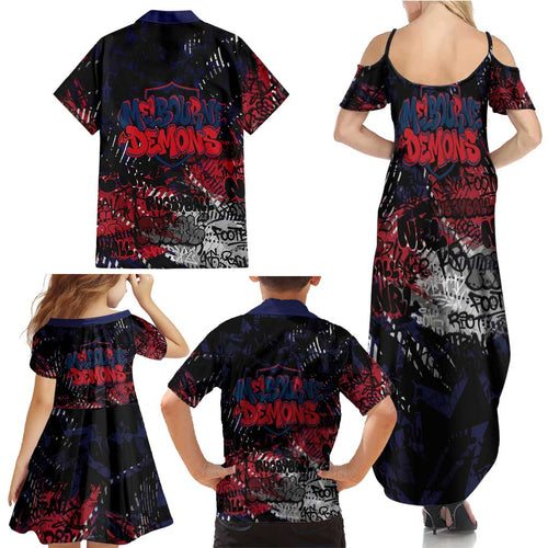 Melbourne Demons Family Matching Summer Maxi Dress and Hawaiian Shirt Urban Graffiti Street Art - Bold Abstract Spray Paint