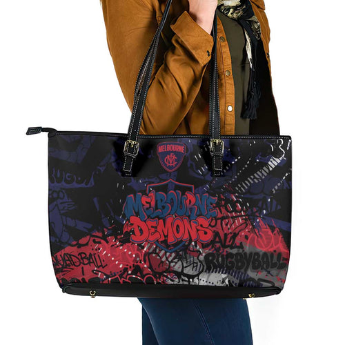 Melbourne Demons Leather Tote Bag Urban Graffiti Street Art - Bold Abstract Spray Paint