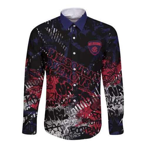 Melbourne Demons Long Sleeve Button Shirt Urban Graffiti Street Art - Bold Abstract Spray Paint