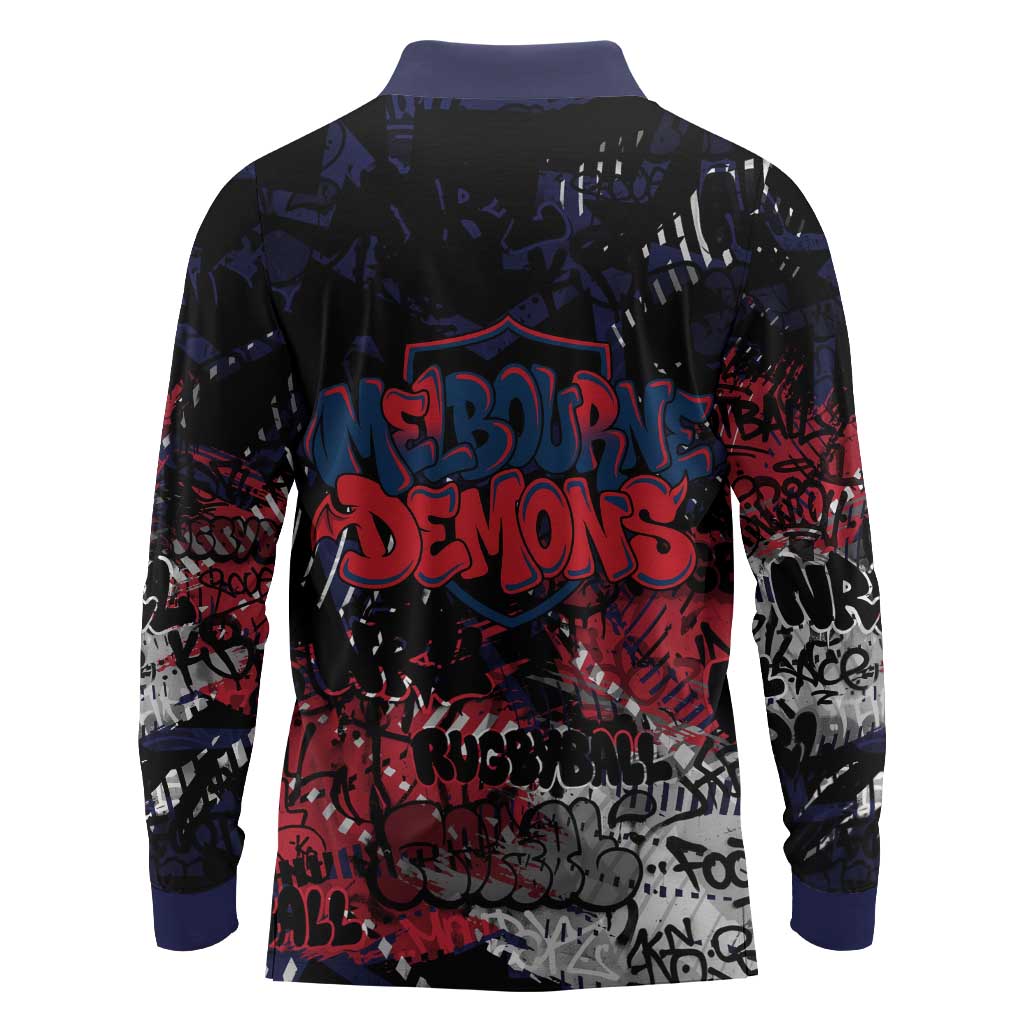 Melbourne Demons Long Sleeve Polo Shirt Urban Graffiti Street Art - Bold Abstract Spray Paint