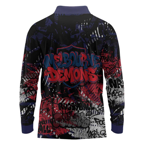 Melbourne Demons Long Sleeve Polo Shirt Urban Graffiti Street Art - Bold Abstract Spray Paint