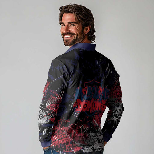 Melbourne Demons Long Sleeve Polo Shirt Urban Graffiti Street Art - Bold Abstract Spray Paint