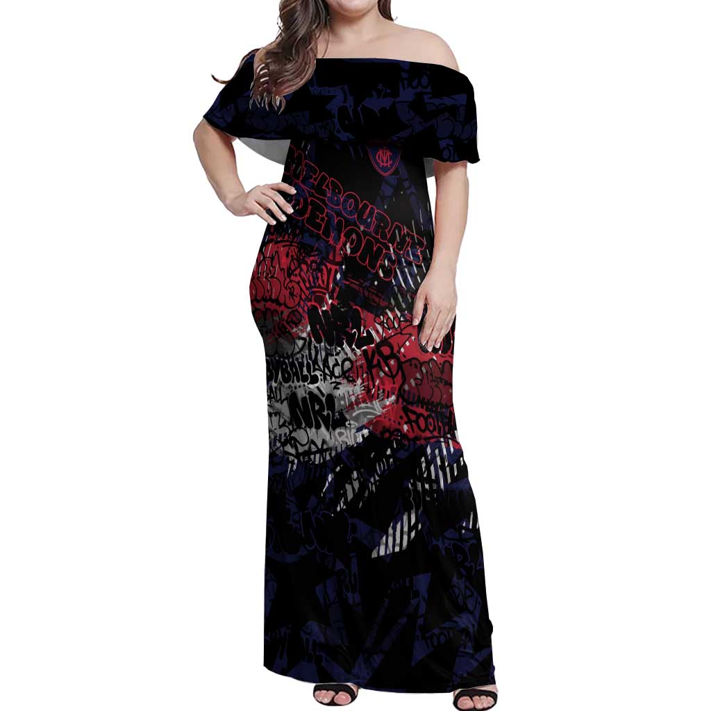 Melbourne Demons Off Shoulder Maxi Dress Urban Graffiti Street Art - Bold Abstract Spray Paint