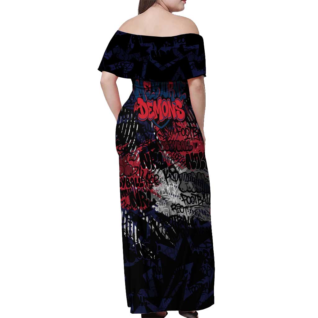 Melbourne Demons Off Shoulder Maxi Dress Urban Graffiti Street Art - Bold Abstract Spray Paint
