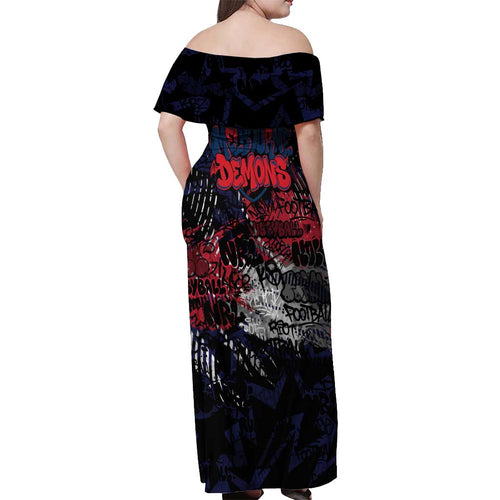 Melbourne Demons Off Shoulder Maxi Dress Urban Graffiti Street Art - Bold Abstract Spray Paint