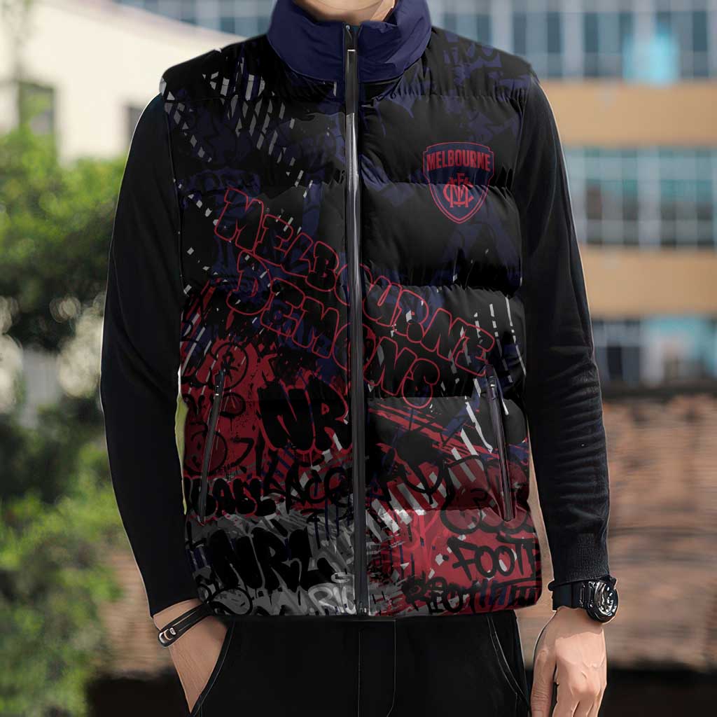 Melbourne Demons Sleeveless Puffer Jacket Urban Graffiti Street Art - Bold Abstract Spray Paint