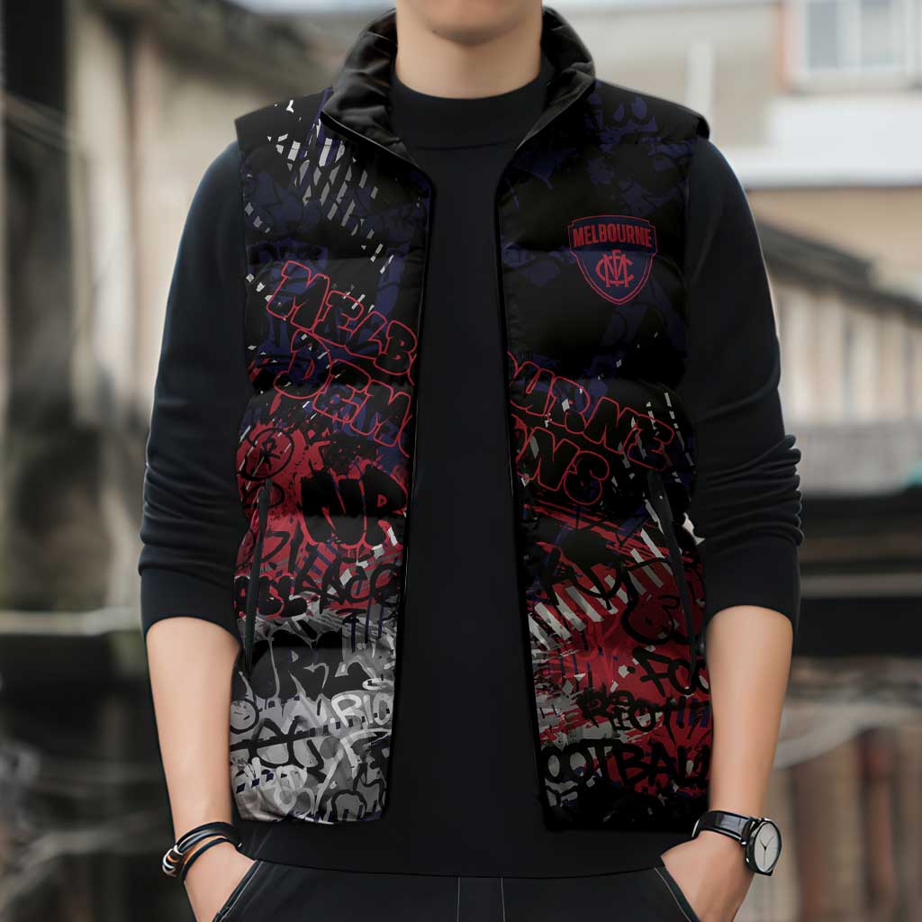 Melbourne Demons Sleeveless Puffer Jacket Urban Graffiti Street Art - Bold Abstract Spray Paint