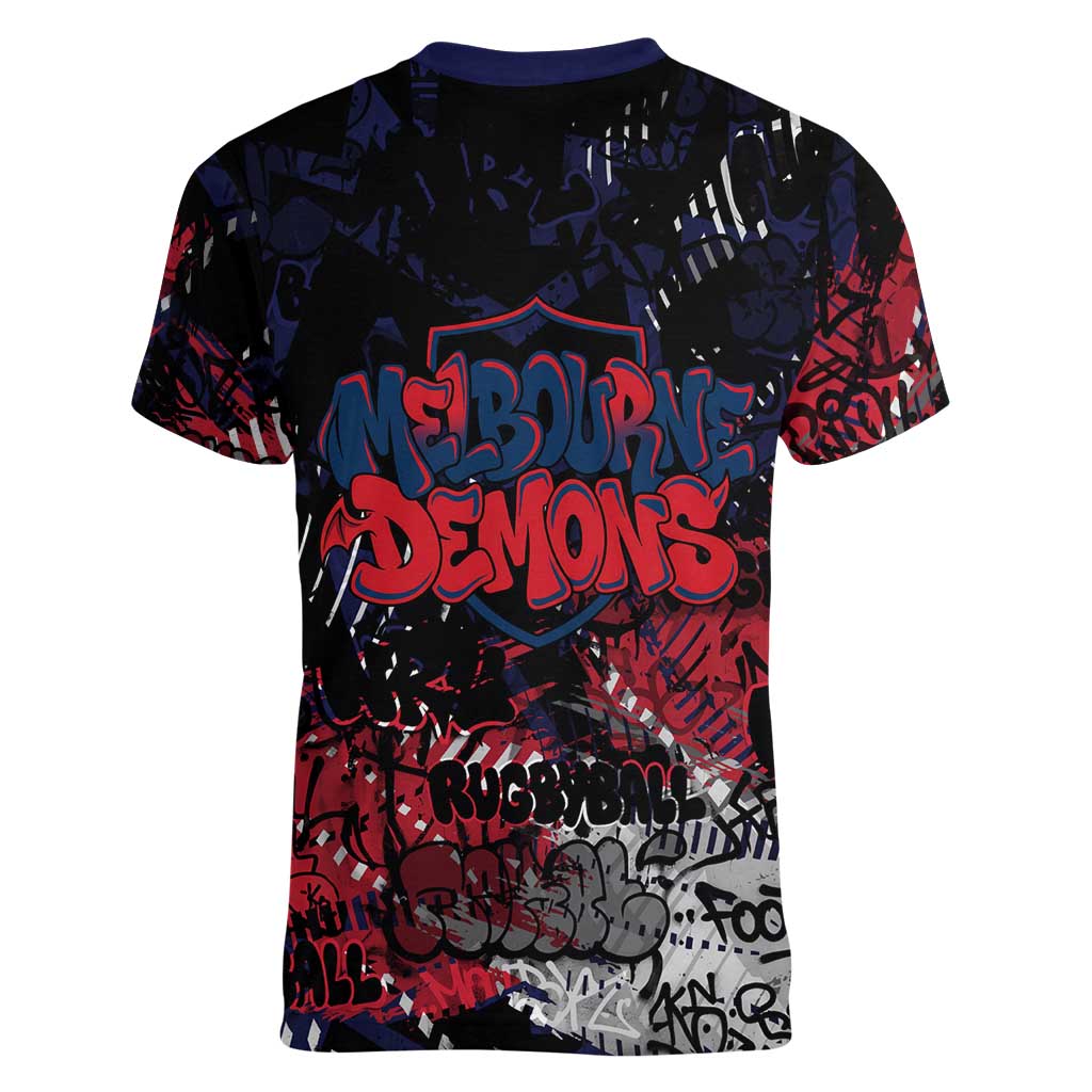 Melbourne Demons Women V-Neck T-Shirt Urban Graffiti Street Art - Bold Abstract Spray Paint