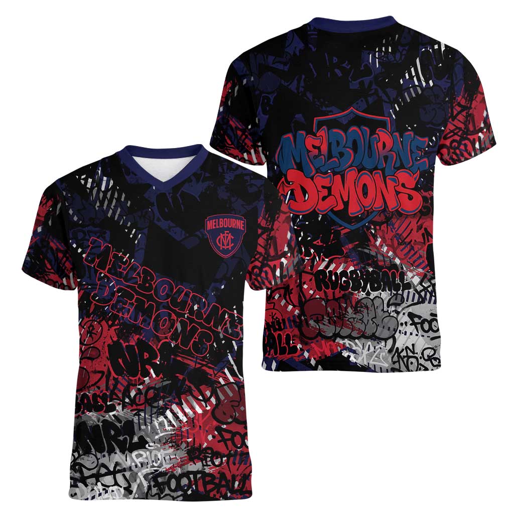 Melbourne Demons Women V-Neck T-Shirt Urban Graffiti Street Art - Bold Abstract Spray Paint