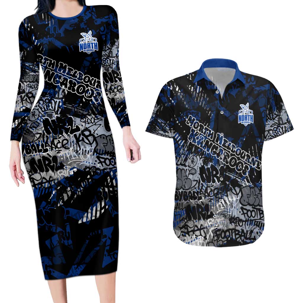 North Melbourne Kangaroos Couples Matching Long Sleeve Bodycon Dress and Hawaiian Shirt Urban Graffiti Street Art - Bold Abstract Spray Paint