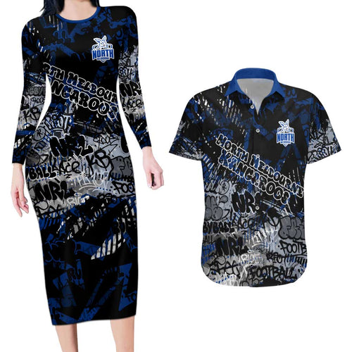 North Melbourne Kangaroos Couples Matching Long Sleeve Bodycon Dress and Hawaiian Shirt Urban Graffiti Street Art - Bold Abstract Spray Paint