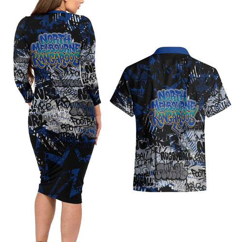 North Melbourne Kangaroos Couples Matching Long Sleeve Bodycon Dress and Hawaiian Shirt Urban Graffiti Street Art - Bold Abstract Spray Paint