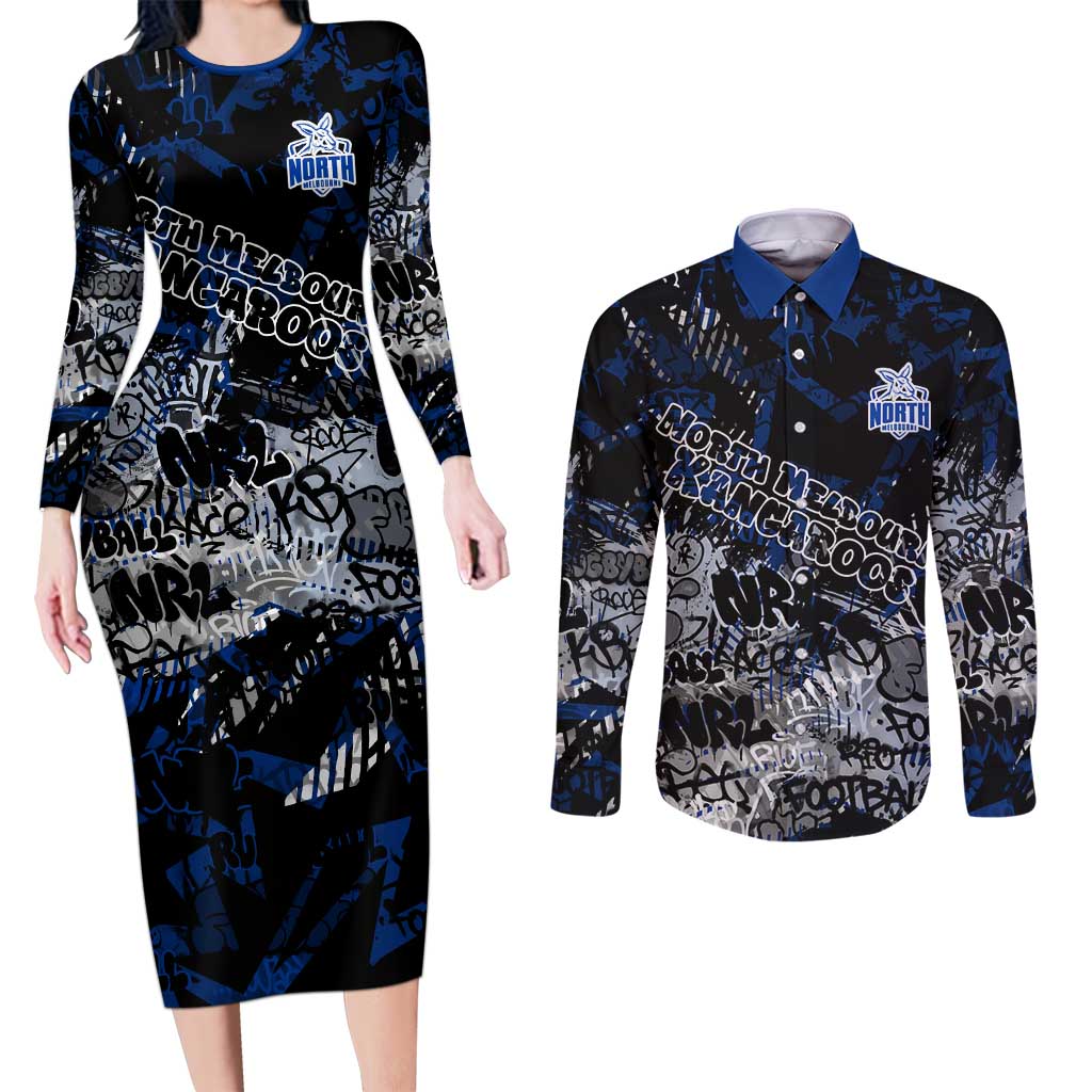 North Melbourne Kangaroos Couples Matching Long Sleeve Bodycon Dress and Long Sleeve Button Shirt Urban Graffiti Street Art - Bold Abstract Spray Paint