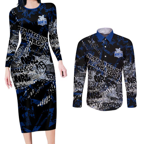 North Melbourne Kangaroos Couples Matching Long Sleeve Bodycon Dress and Long Sleeve Button Shirt Urban Graffiti Street Art - Bold Abstract Spray Paint