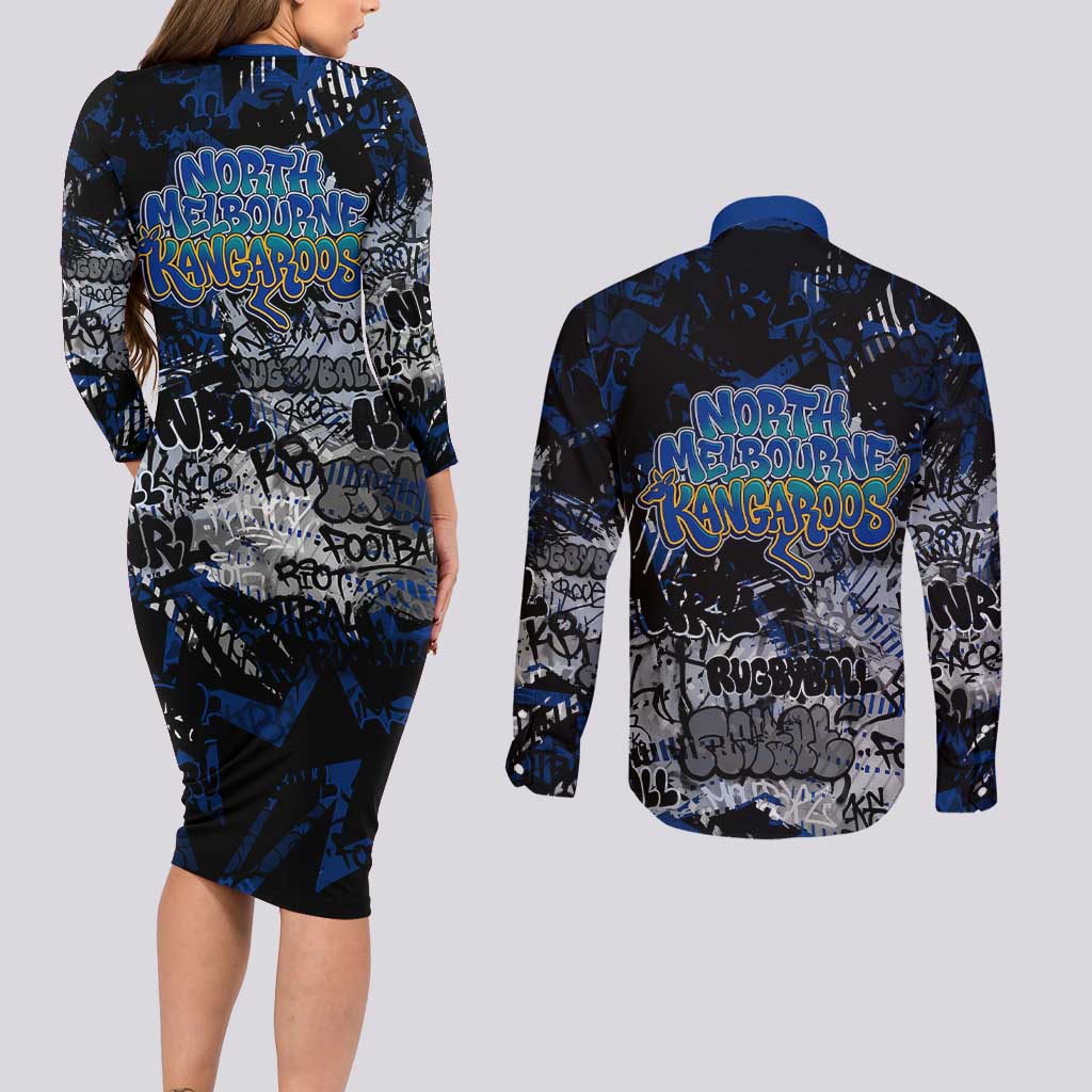 North Melbourne Kangaroos Couples Matching Long Sleeve Bodycon Dress and Long Sleeve Button Shirt Urban Graffiti Street Art - Bold Abstract Spray Paint