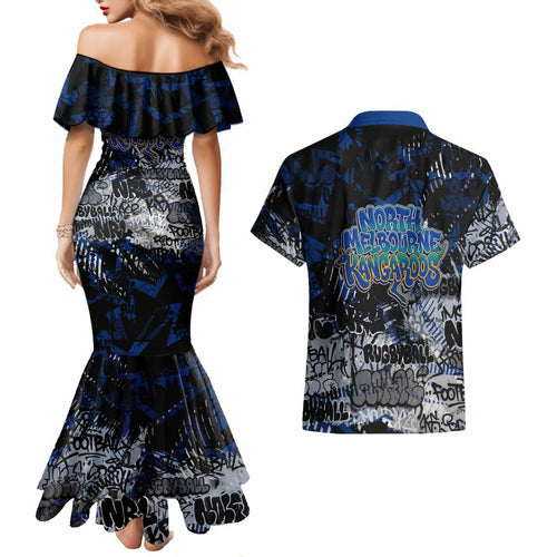 North Melbourne Kangaroos Couples Matching Mermaid Dress and Hawaiian Shirt Urban Graffiti Street Art - Bold Abstract Spray Paint