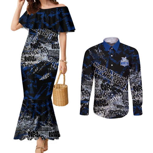 North Melbourne Kangaroos Couples Matching Mermaid Dress and Long Sleeve Button Shirt Urban Graffiti Street Art - Bold Abstract Spray Paint