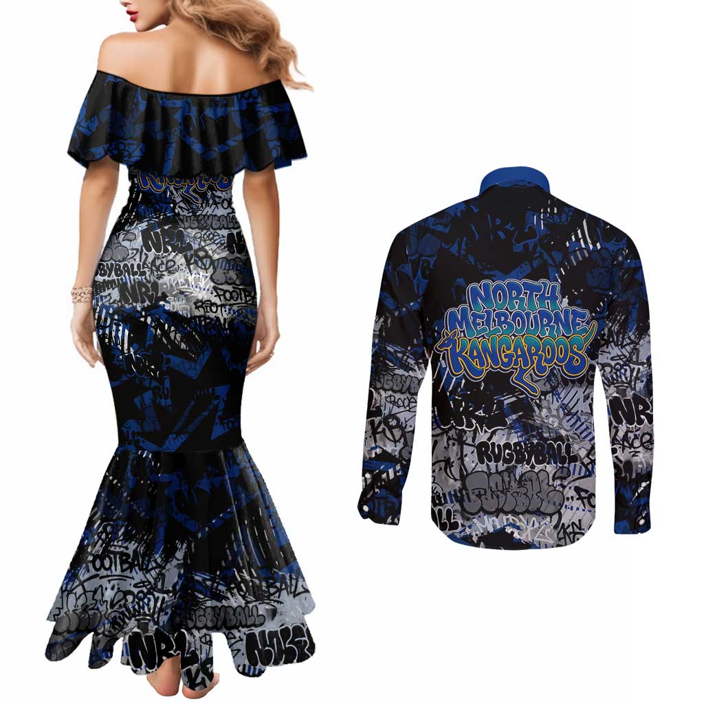 North Melbourne Kangaroos Couples Matching Mermaid Dress and Long Sleeve Button Shirt Urban Graffiti Street Art - Bold Abstract Spray Paint