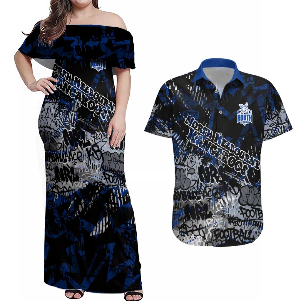 North Melbourne Kangaroos Couples Matching Off Shoulder Maxi Dress and Hawaiian Shirt Urban Graffiti Street Art - Bold Abstract Spray Paint