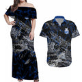 North Melbourne Kangaroos Couples Matching Off Shoulder Maxi Dress and Hawaiian Shirt Urban Graffiti Street Art - Bold Abstract Spray Paint