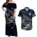 North Melbourne Kangaroos Couples Matching Off Shoulder Maxi Dress and Hawaiian Shirt Urban Graffiti Street Art - Bold Abstract Spray Paint
