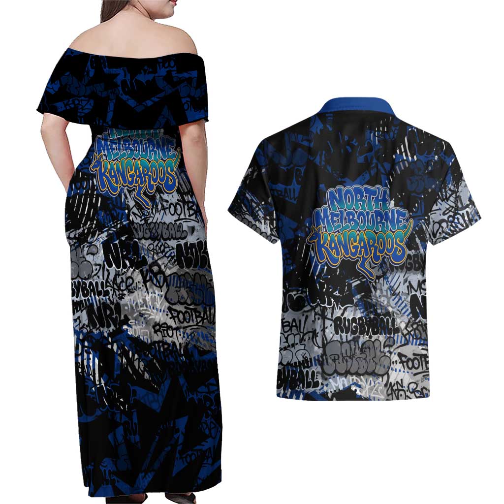 North Melbourne Kangaroos Couples Matching Off Shoulder Maxi Dress and Hawaiian Shirt Urban Graffiti Street Art - Bold Abstract Spray Paint