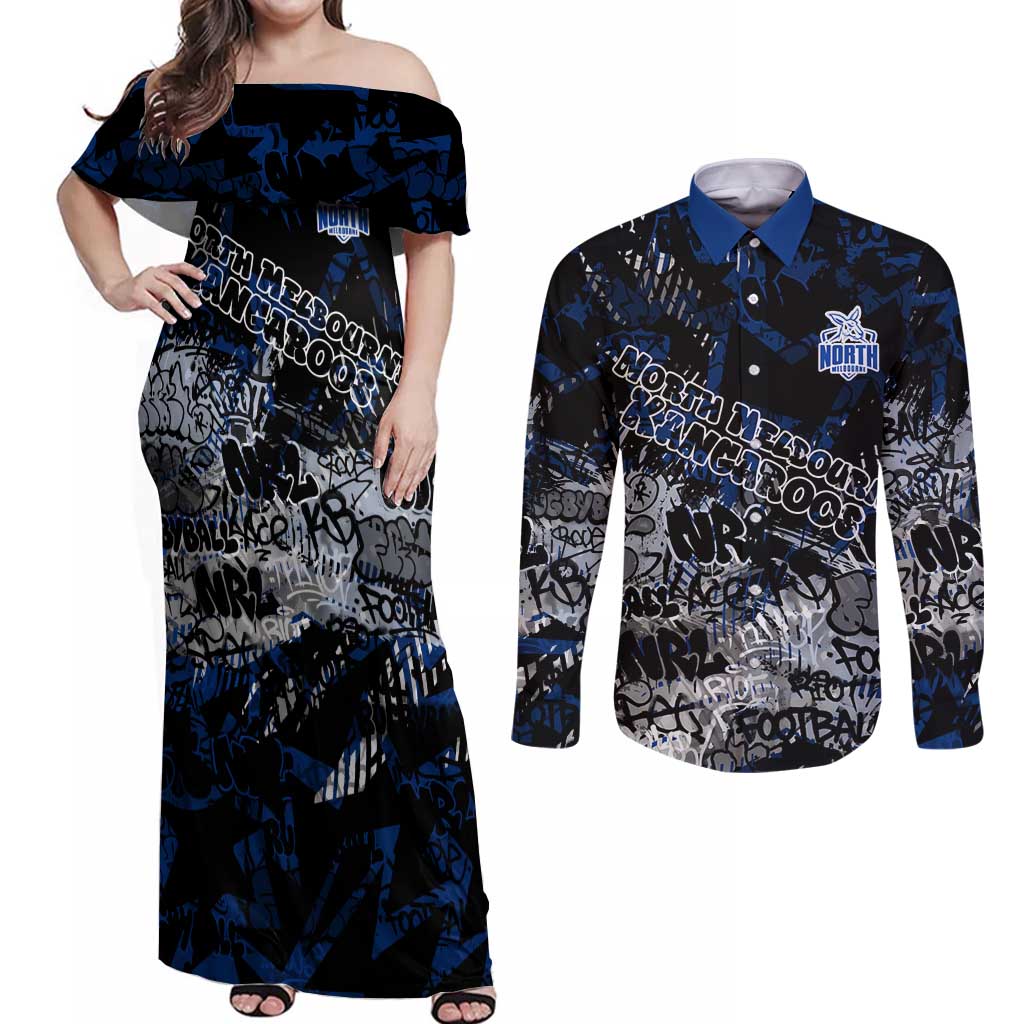 North Melbourne Kangaroos Couples Matching Off Shoulder Maxi Dress and Long Sleeve Button Shirt Urban Graffiti Street Art - Bold Abstract Spray Paint