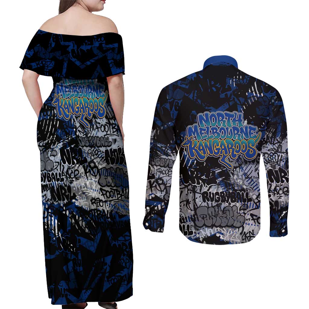 North Melbourne Kangaroos Couples Matching Off Shoulder Maxi Dress and Long Sleeve Button Shirt Urban Graffiti Street Art - Bold Abstract Spray Paint