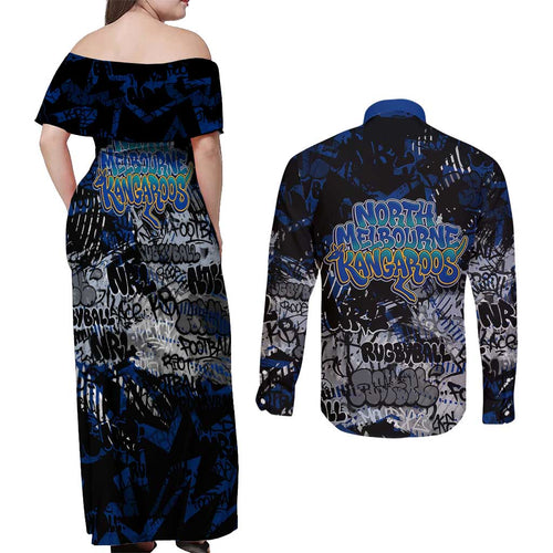 North Melbourne Kangaroos Couples Matching Off Shoulder Maxi Dress and Long Sleeve Button Shirt Urban Graffiti Street Art - Bold Abstract Spray Paint