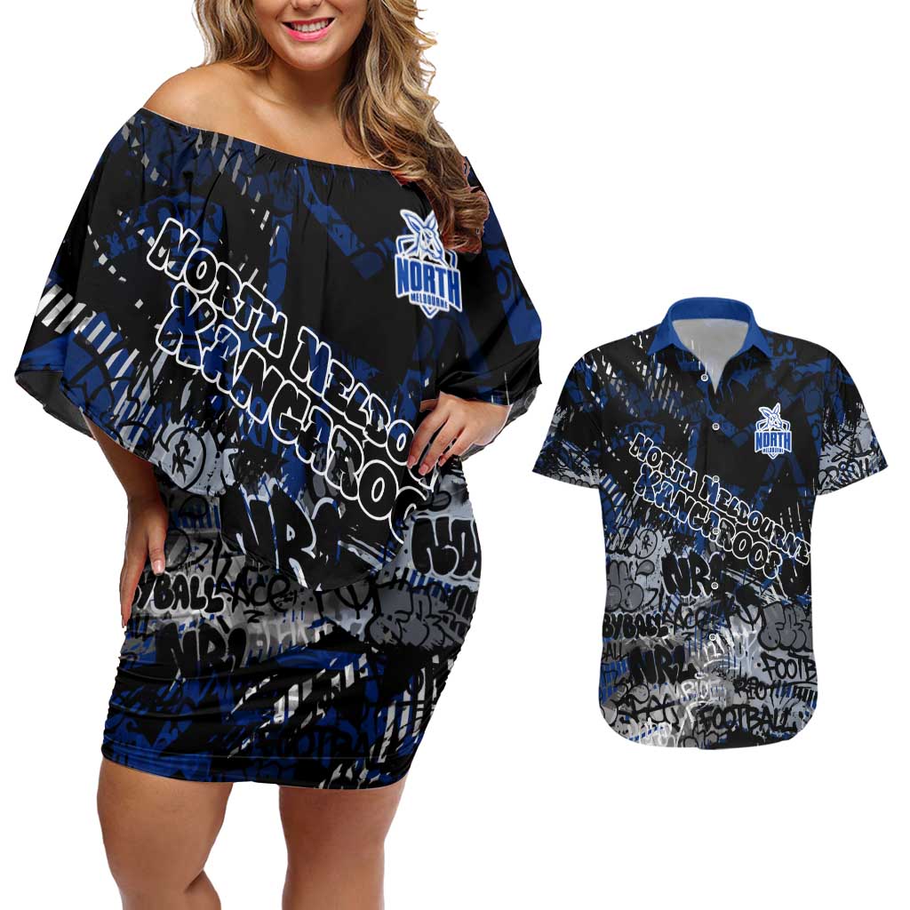 North Melbourne Kangaroos Couples Matching Off Shoulder Short Dress and Hawaiian Shirt Urban Graffiti Street Art - Bold Abstract Spray Paint