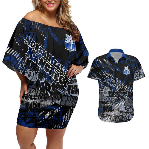 North Melbourne Kangaroos Couples Matching Off Shoulder Short Dress and Hawaiian Shirt Urban Graffiti Street Art - Bold Abstract Spray Paint