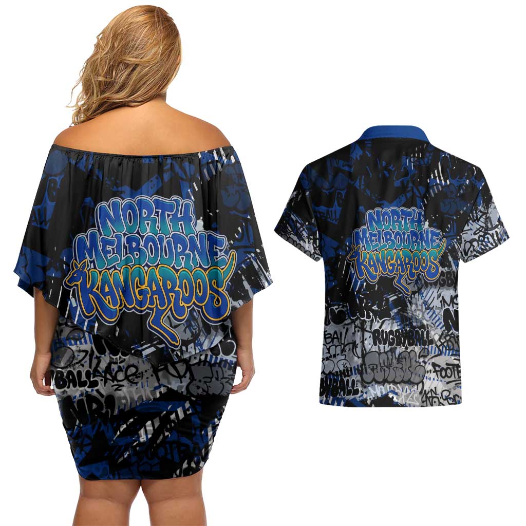 North Melbourne Kangaroos Couples Matching Off Shoulder Short Dress and Hawaiian Shirt Urban Graffiti Street Art - Bold Abstract Spray Paint