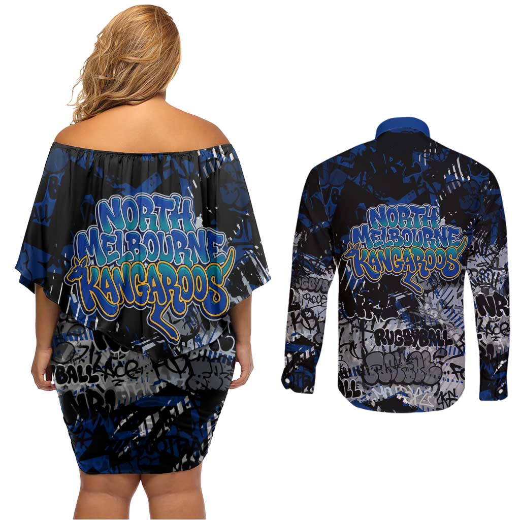 North Melbourne Kangaroos Couples Matching Off Shoulder Short Dress and Long Sleeve Button Shirt Urban Graffiti Street Art - Bold Abstract Spray Paint