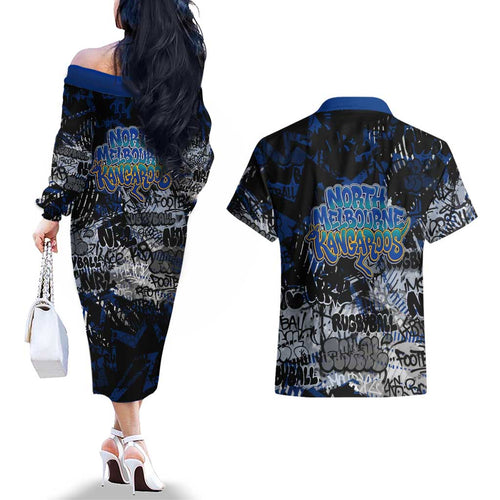 North Melbourne Kangaroos Couples Matching Off The Shoulder Long Sleeve Dress and Hawaiian Shirt Urban Graffiti Street Art - Bold Abstract Spray Paint
