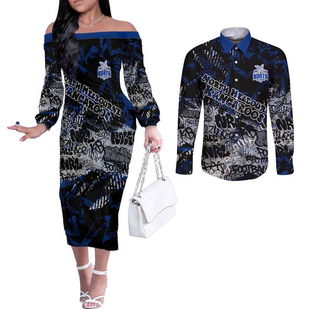 North Melbourne Kangaroos Couples Matching Off The Shoulder Long Sleeve Dress and Long Sleeve Button Shirt Urban Graffiti Street Art - Bold Abstract Spray Paint
