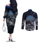 North Melbourne Kangaroos Couples Matching Off The Shoulder Long Sleeve Dress and Long Sleeve Button Shirt Urban Graffiti Street Art - Bold Abstract Spray Paint