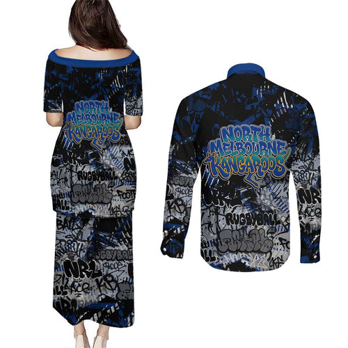 North Melbourne Kangaroos Couples Matching Puletasi and Long Sleeve Button Shirt Urban Graffiti Street Art - Bold Abstract Spray Paint